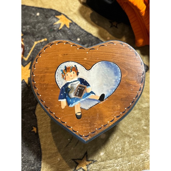 Other - Vintage Heart Shaped Wooden Trinket Box Raggedy Ann Schoolhouse Decor 12x10x16